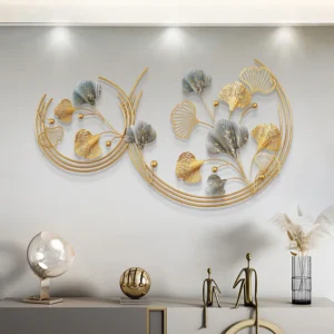 Modern Hand-Painted 3D Hollow-out Ginkgo Leaves Metal Round Wall Art